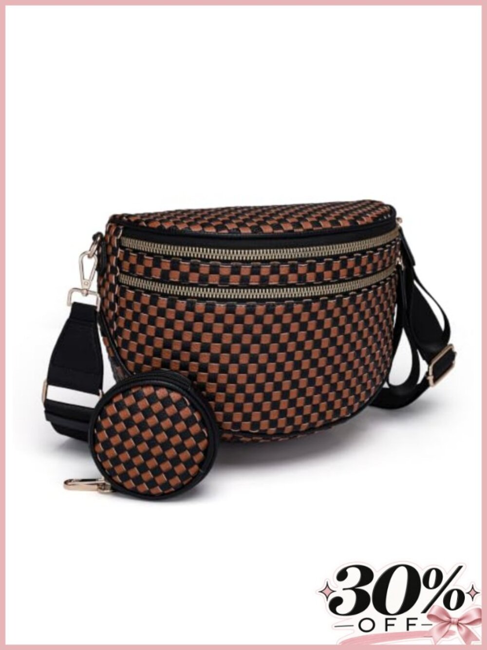 Large Checkered Crossbody Bag with Matching Coin Purse PU Leather